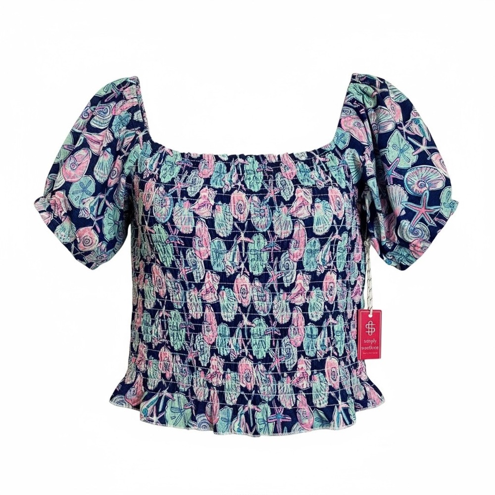 NWT Simply Southern Smocked Square Neck Puff Sleeve Crop Top  Seashells L (3160)